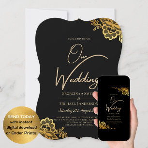 Convite Casamento Dourado Lace Moderno Elegante Negro