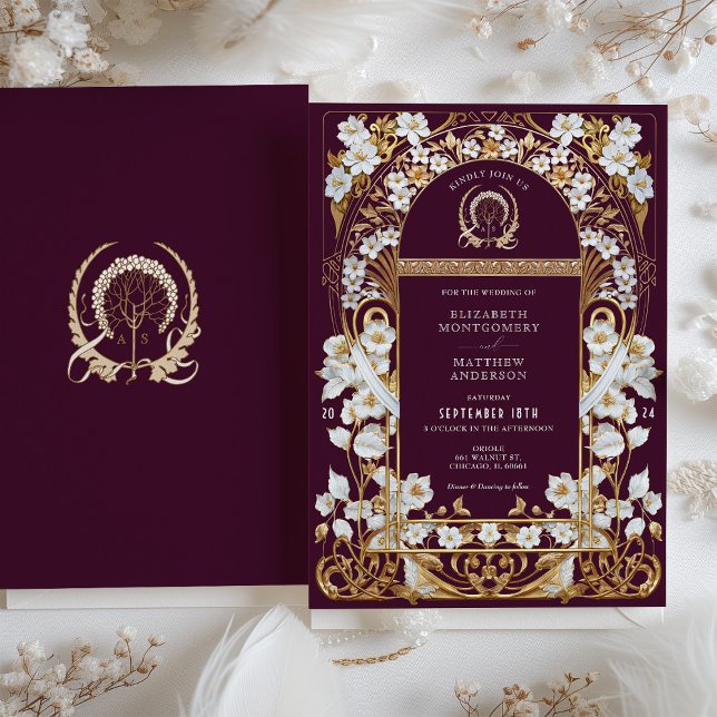 Convite Casamento Dourado Luxuoso e Antiquado Floral (Criador carregado)