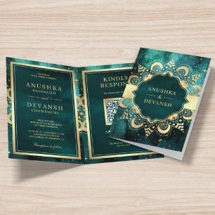 Convite Casamento Dourado Mandala QR Código Indiano