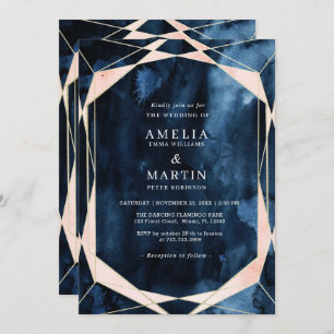 Convite Casamento Dourado Marble Azul com Marinho de Água