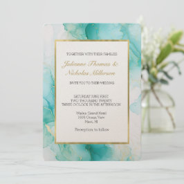 Convite Casamento Dourado Marble Elegante Mint Aqua Pearl