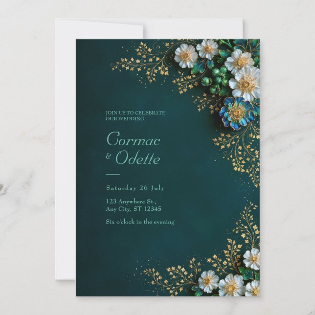 Convite Casamento Dourado Marfim Esmeralda (Frente)