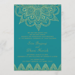 Convite Casamento Dourado Mehndi Hindu, Azul-Brilhante Ín