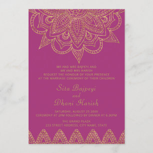 Convite Casamento Dourado Mehndi Hindu, cor-de-rosa-claro-