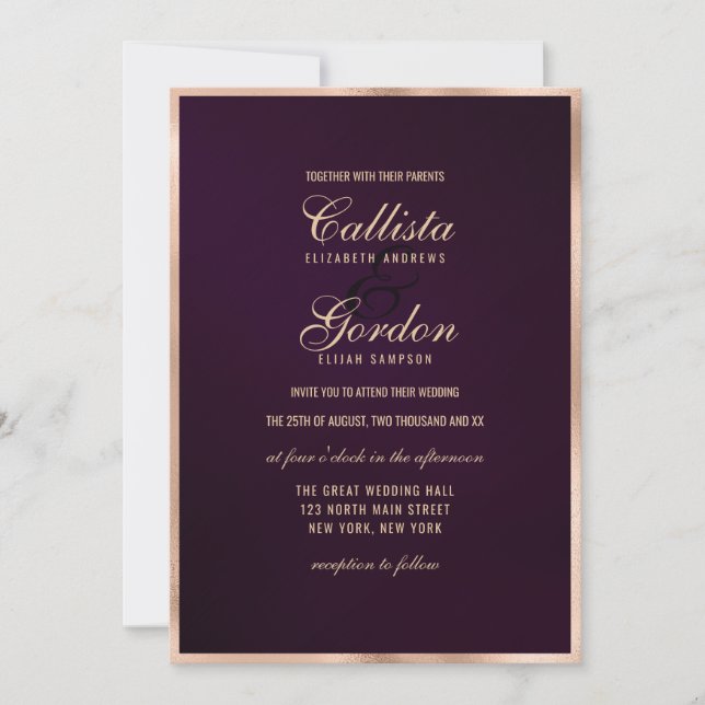 Convite Casamento Dourado Metálico Elegante Moderno Roxo R (Frente)