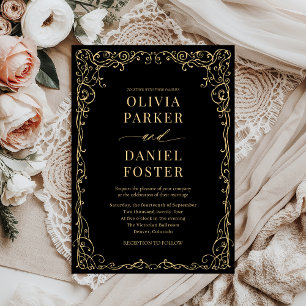 Convite Casamento Dourado Minimalista Elegante Negro