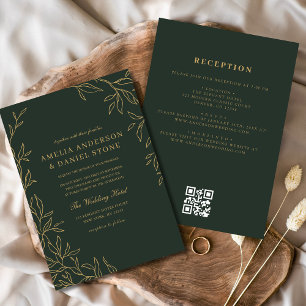 Convite Casamento Dourado Mínimo de Folha Verde Código QR