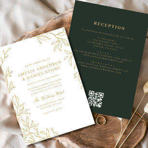 Convite Casamento Dourado Mínimo de Folha Verde Código QR