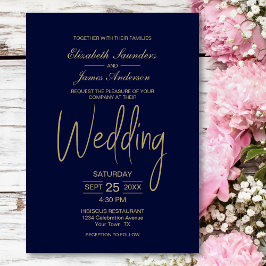 Convite Casamento Dourado Mínimo Elegante Azul