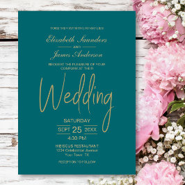 Convite Casamento Dourado Mínimo Elegante do Teal