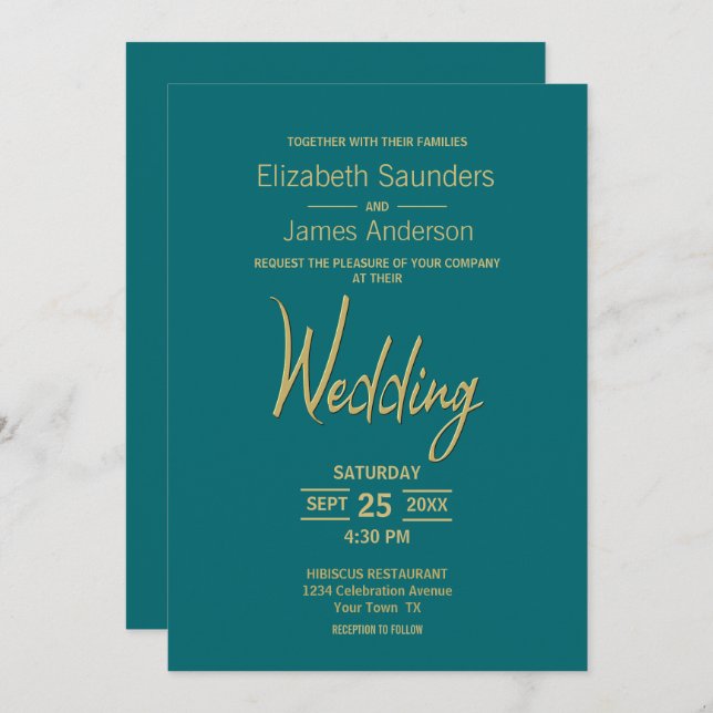 Convite Casamento Dourado Mínimo Moderno do Teal (Frente/Verso)
