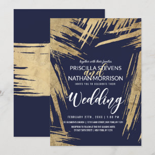 Convite Casamento Dourado moderno de Brushstrokes Marinho 