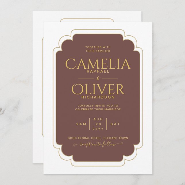 Convite Casamento Dourado MONOCHROME de Maroon Escuro Mais (Frente/Verso)