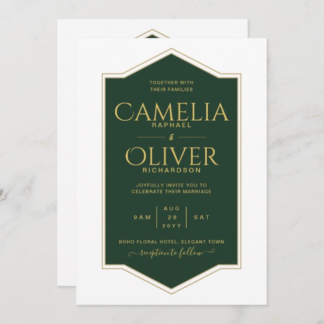 Convite Casamento Dourado MONOCHROME Emerald Green (Frente/Verso)