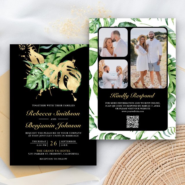 Convite Casamento Dourado Monstera Tropical Palm QR Code B (Criador carregado)