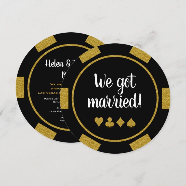 Convite Casamento Dourado Negro Chip Las Vegas Eloped (Frente/Verso)