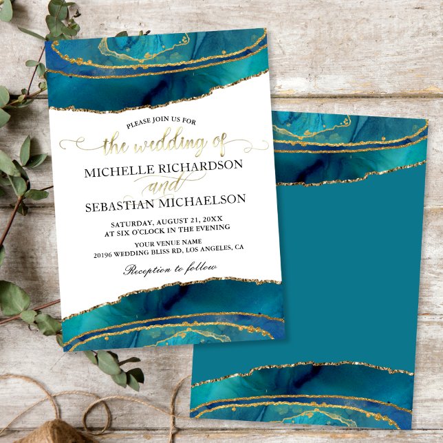 Convite Casamento Dourado por Agata Moderno Teal Watercolo (Modern Teal Watercolor Gold Agate Wedding Invitation)