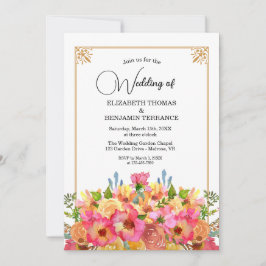 Convite Casamento Dourado por Aquarela de Flores Rosa Eleg