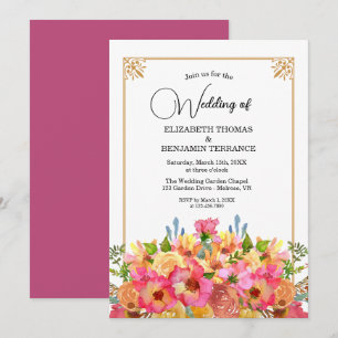 Convite Casamento Dourado por Aquarela de Flores Rosa Eleg