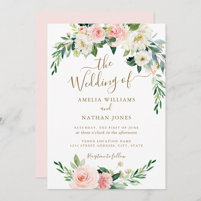 Convite Casamento Dourado por Wreath Floral Blush (Frente/Verso)