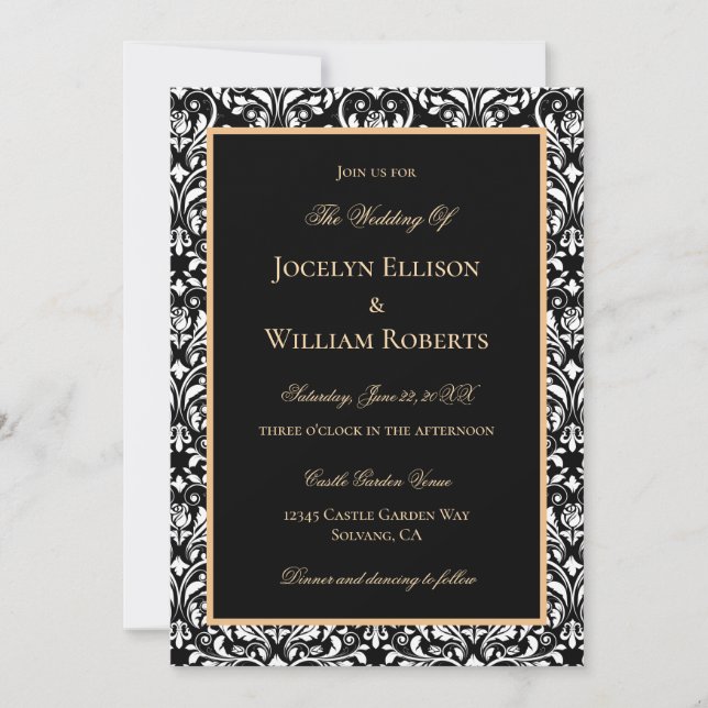 Convite Casamento Dourado Preto e Branco Damask Formal Ele (Frente)