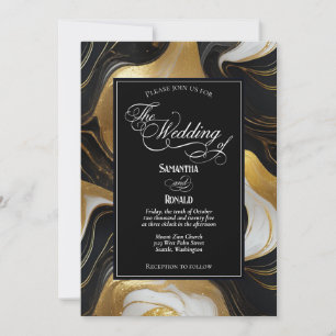 Convite Casamento Dourado, preto e branco marmoreado Elega