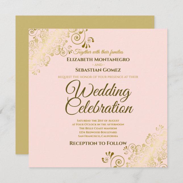 Convite Casamento Dourado Quadrado Rosa Espelho Elegante (Frente/Verso)