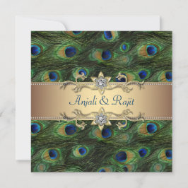 Convite Casamento Dourado Real de Peacock Indiano Emerald
