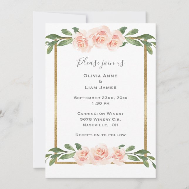 Convite Casamento Dourado Romântico Cores Florais Rosa Blu (Frente)