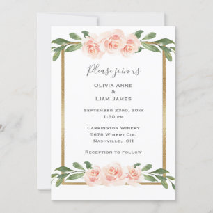 Convite Casamento Dourado Romântico Cores Florais Rosa Blu