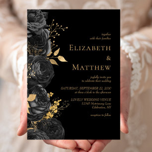 Convite Casamento Dourado Romântico de Jato Negro