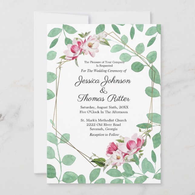 Convite Casamento Dourado Romântico Eucalyptus Rosa (Frente)
