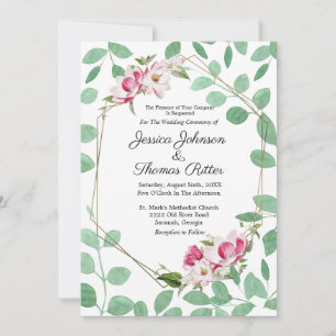 Convite Casamento Dourado Romântico Eucalyptus Rosa