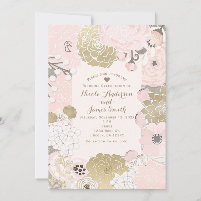 Convite Casamento Dourado Rosa Botânico Floral Moderno Vin (Frente)