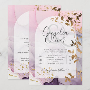 Convite Casamento Dourado Rosa Rosa Púrpura de Mão-de-Tint