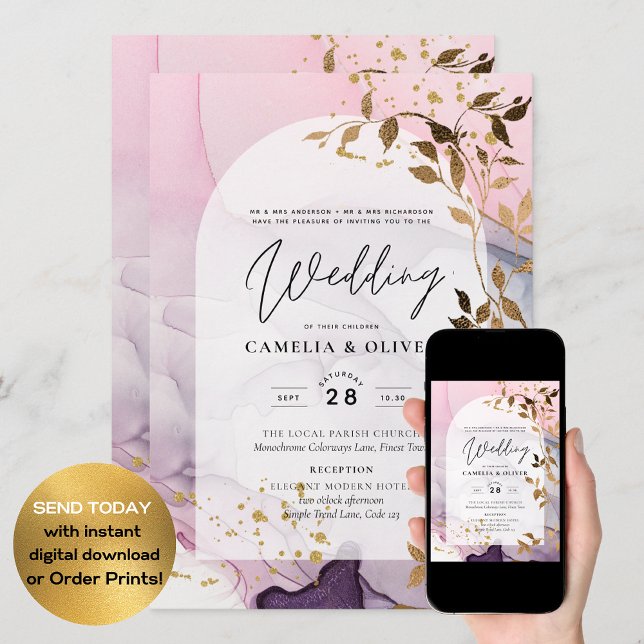 Convite Casamento Dourado Rosa Rosa Púrpura de Mão-de-Tint (Criador carregado)