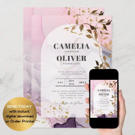 Convite Casamento Dourado Rosa Rosa Púrpura de Mão-de-Tint