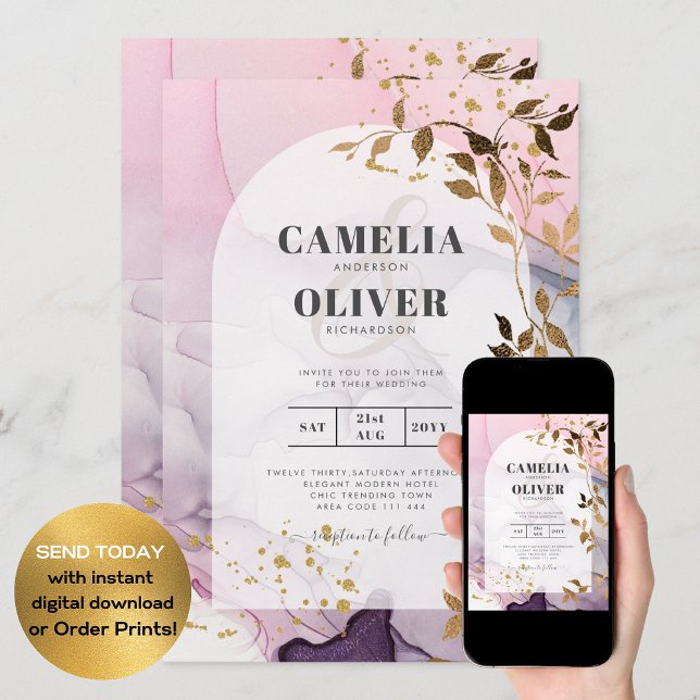 Convite Casamento Dourado Rosa Rosa Púrpura de Mão-de-Tint (Criador carregado)