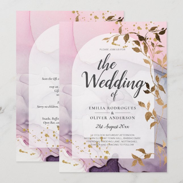 Convite Casamento Dourado Rosa Rosa Púrpura de Mão-de-Tint (Frente/Verso)