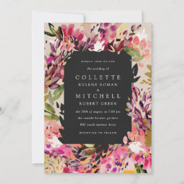 Convite Casamento Dourado Rosa-Rosa-Quente-Buquê Romântico