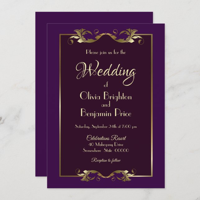 Convite Casamento Dourado Roxo Elegante Burgundy (Frente/Verso)