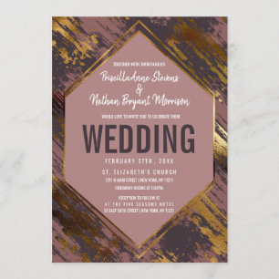 Convite Casamento Dourado Roxo Mauve Brushstrokes