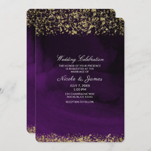 Convite Casamento Dourado Roxo Real Moderno, Moody Waterco