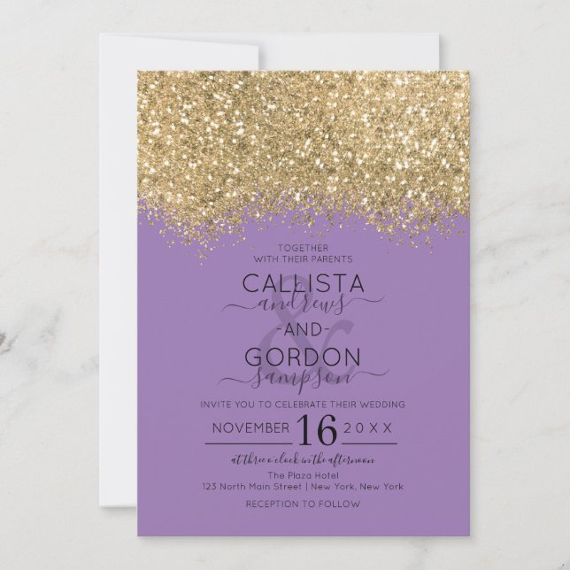 Convite Casamento Dourado Roxo-Roxo de Confetti (Frente)