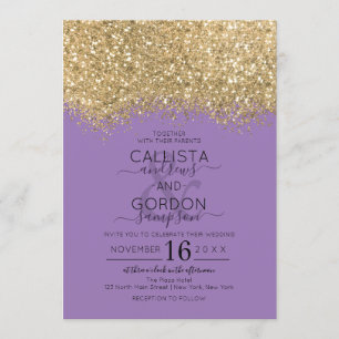 Convite Casamento Dourado Roxo-Roxo de Confetti