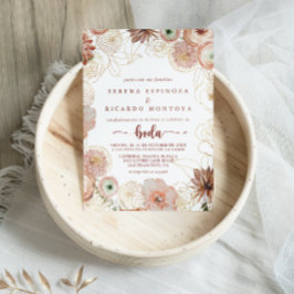 Convite Casamento Dourado Russo Colorido Floral Espanhol