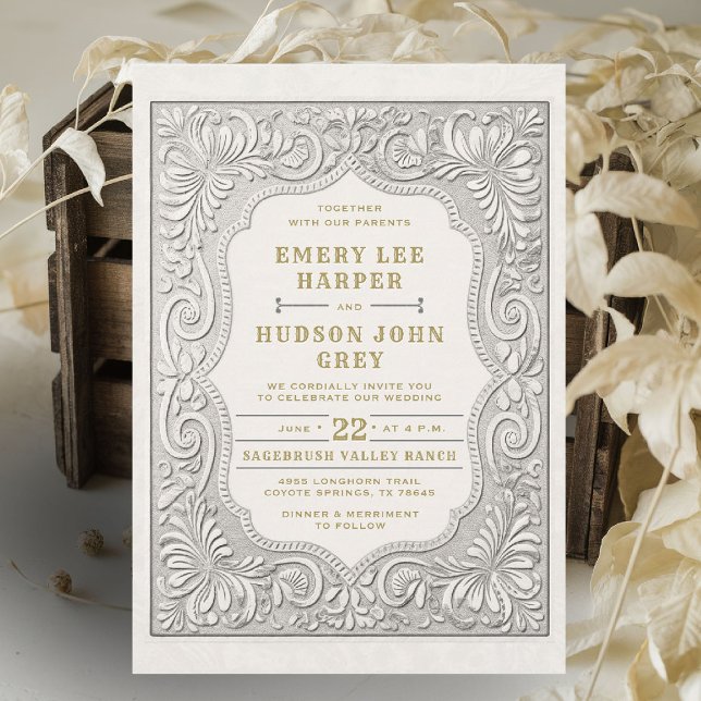 Convite Casamento Dourado Russo Ocidental de Couro Arrefec (cowboy wedding invitation white tooled leather effect elegant country western barn backyard)