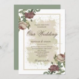 Convite Casamento Dourado Rustic Floral Minimalista Burgun