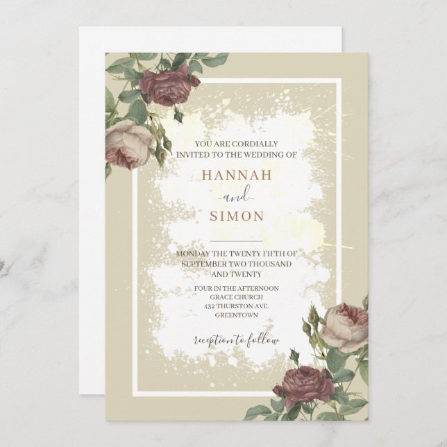 Convite Casamento Dourado Rustic Floral Minimalista Burgun (Frente/Verso)