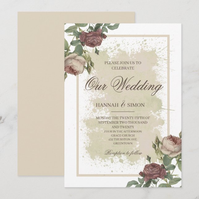 Convite Casamento Dourado Rustic Floral Minimalista Burgun (Frente/Verso)